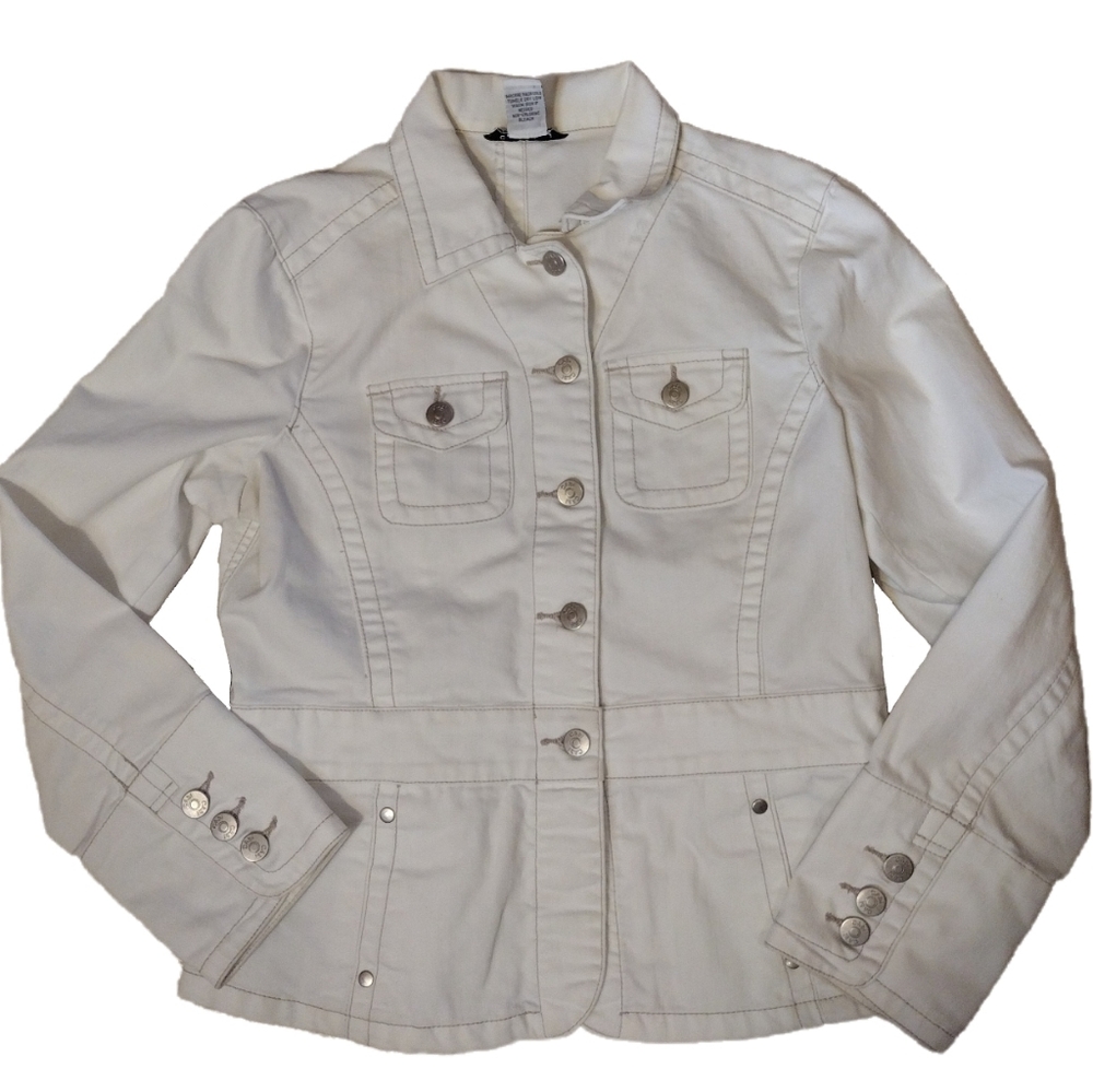 CABI WHITE DENIM TAN STITCHING JACKET WOMEN'S SIZE S